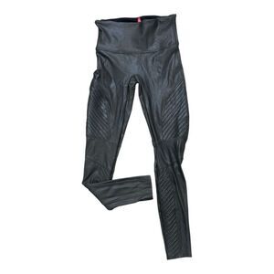 Spanx Faux Leather Women Grey Ribbed Moto Stretch Ankle Leggings Sized M